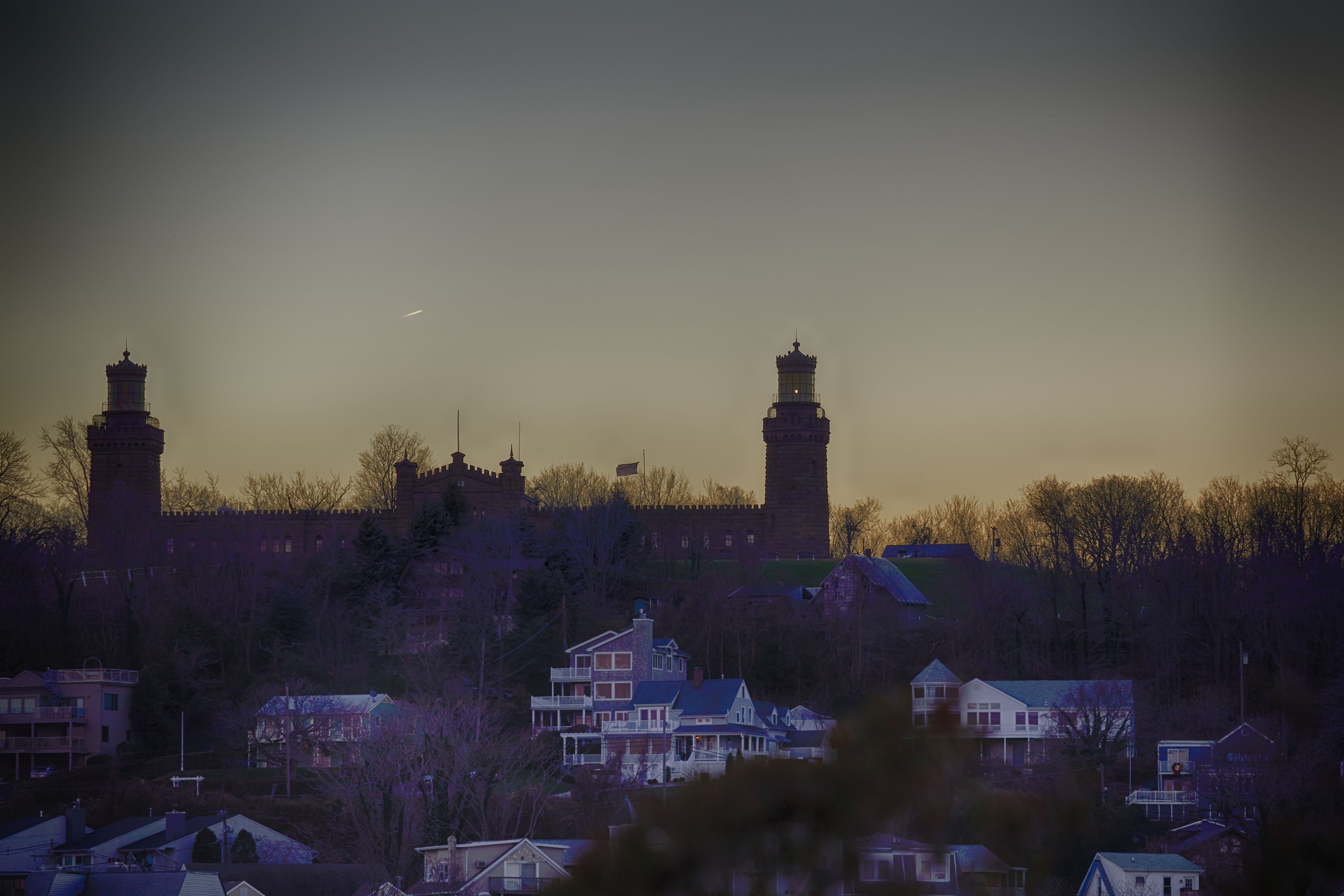 Navesink Twins lighthouse at dusk.