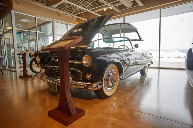1955 Ford Thunderbird, with hood open.