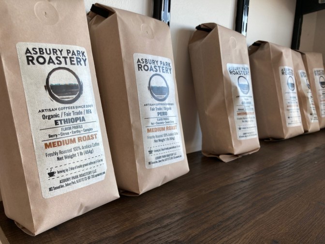 Bags of coffee on shelf from Asbury Park Roastery.
