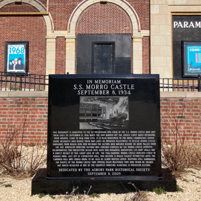 Memorial for SS Morro Castle ship fire in 1934. Memorial is black granite, outside of Asbury Park Covention Center.
