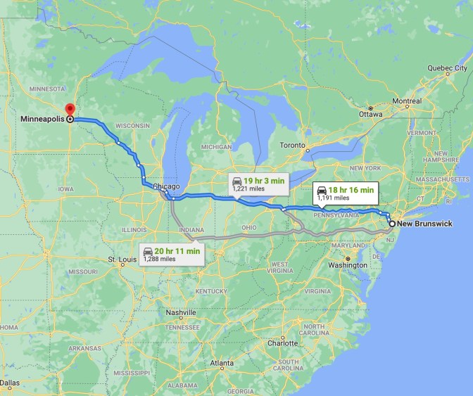 Route map between New Brunswick, NJ and Minneapolis, MN.