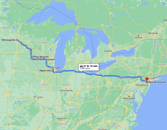 Map of route from Minneapolis to New Brunswick, with numerous stops in between.