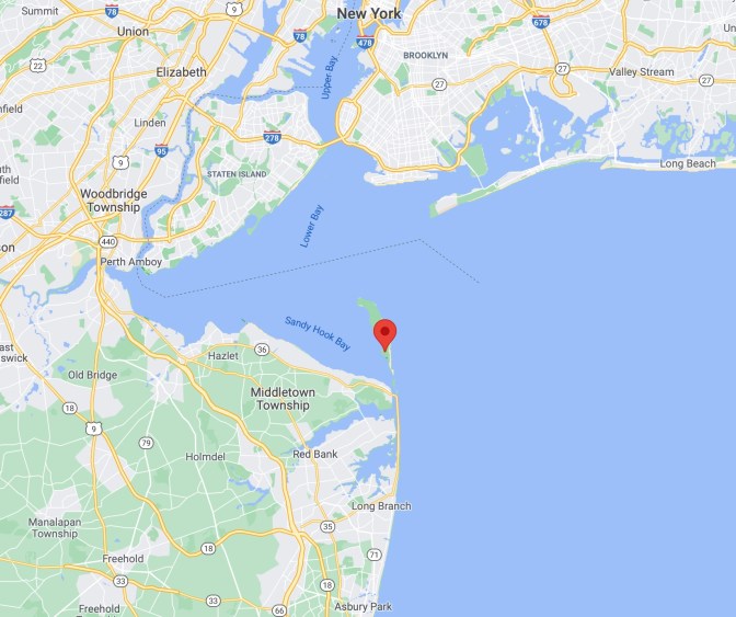 Map of Lower New York Bay and Sandy Hook Bay, with red pin in location of Gateway National Recreation Area - Sandy Hook.