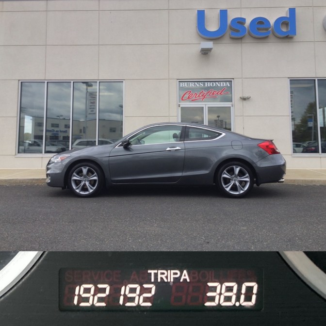 Split image: Top: 2012 Honda Accord coupe parked in front Burns Honda Used Car building. Bottom: car odometer reading 192,192 TRIP A 38.0