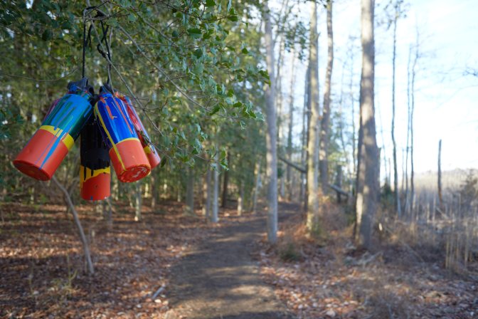 Painted water bottle along trail.