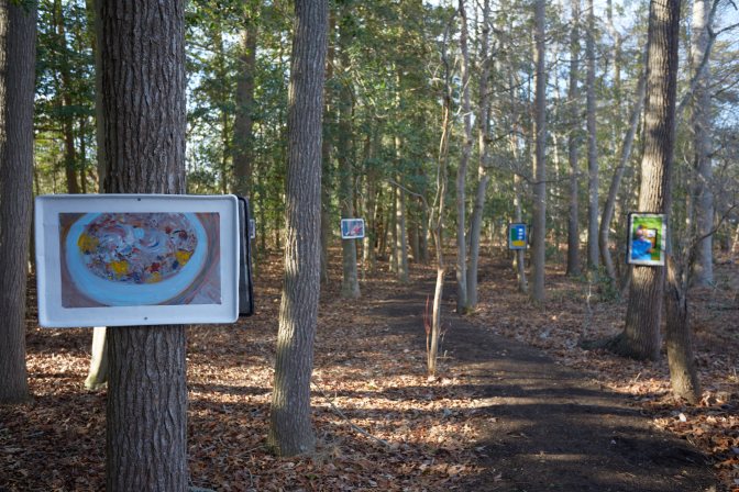 Paintings affixed to trees on both sides of trail.