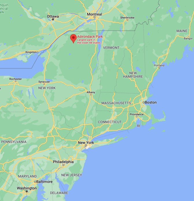 Map of Northeastern United States, with a red pin in location of Adirondack State Park.