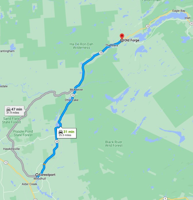 Map with route between Forestport NY and Old Forge NY along Route 28.