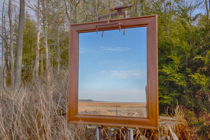 Framed mirror, reflecting Dennis Creek Wildlife Management Area.