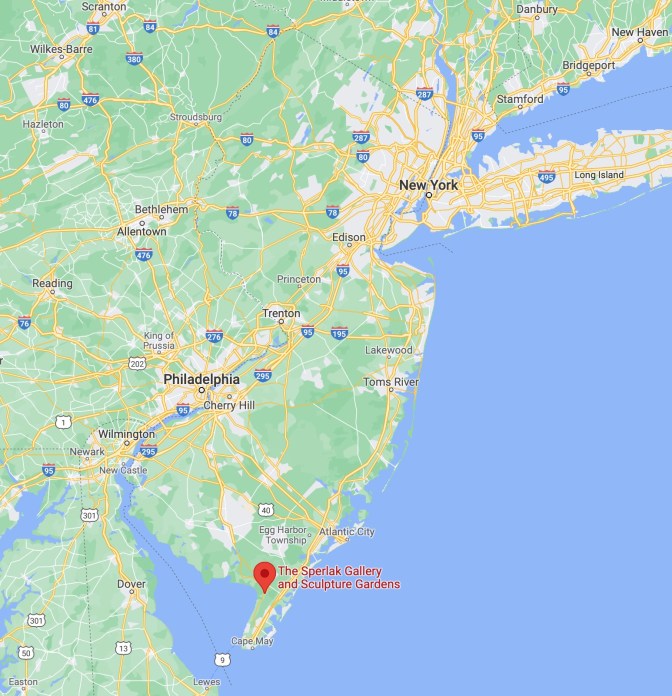 Map of New Jersey with red pin in location of Sperlak Gallery and Sculpture Gardens near Cape May.