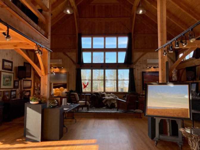 Interior of The Barn, with art on display.