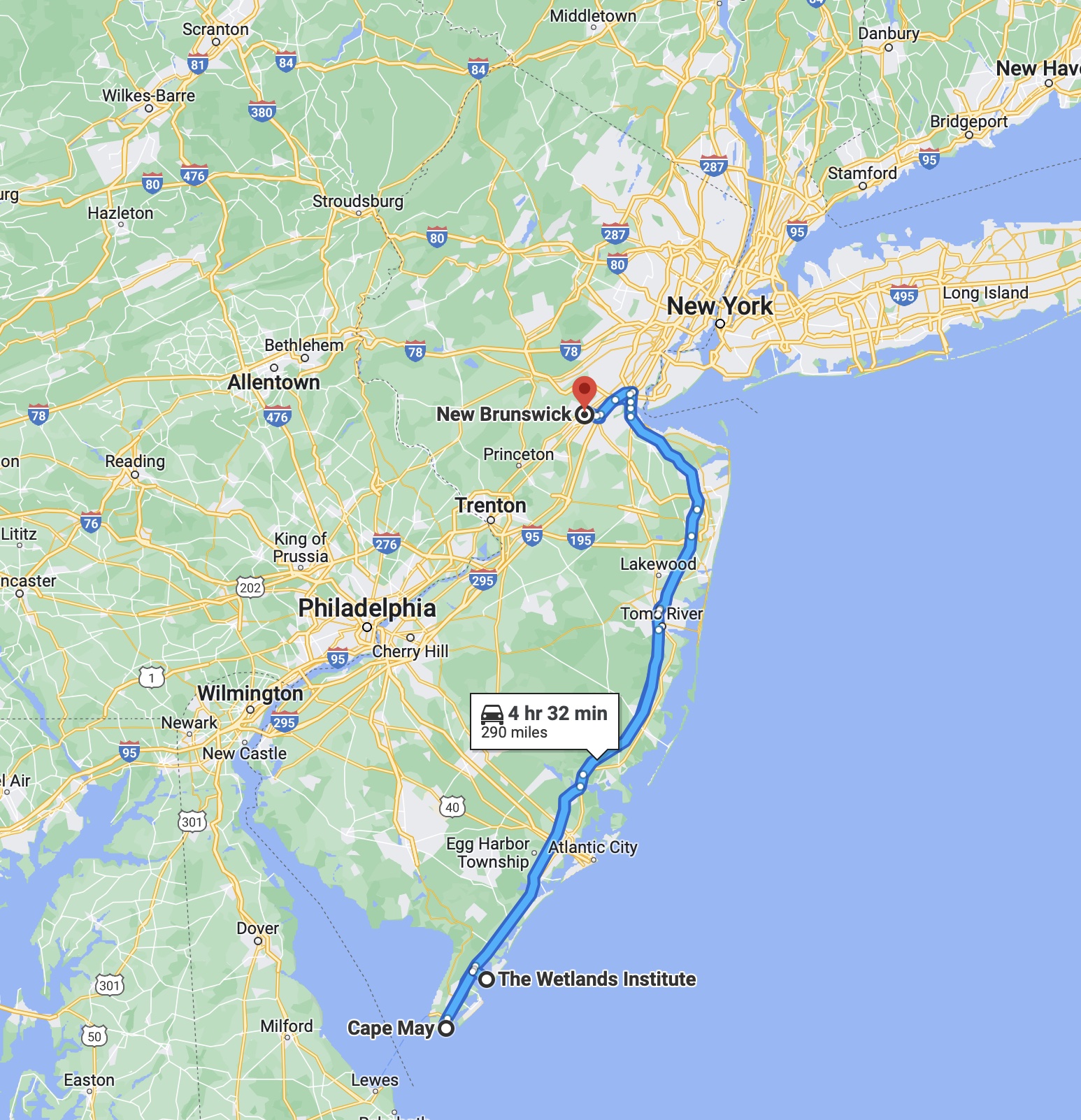 Map of route from New Brunswick, NJ to Cape May NJ.