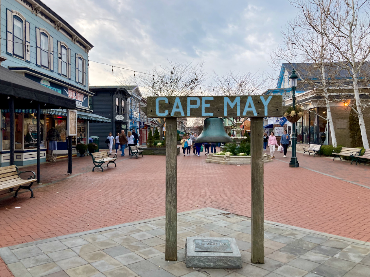 Wooden frame holding bell at front of Washington St. Mall in Cape May.