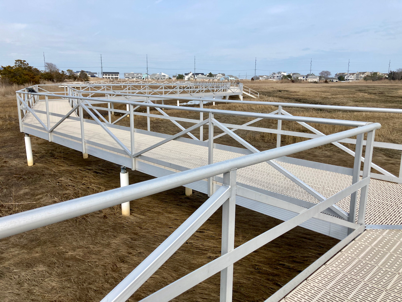 Boardwalk over tidal wetlands.