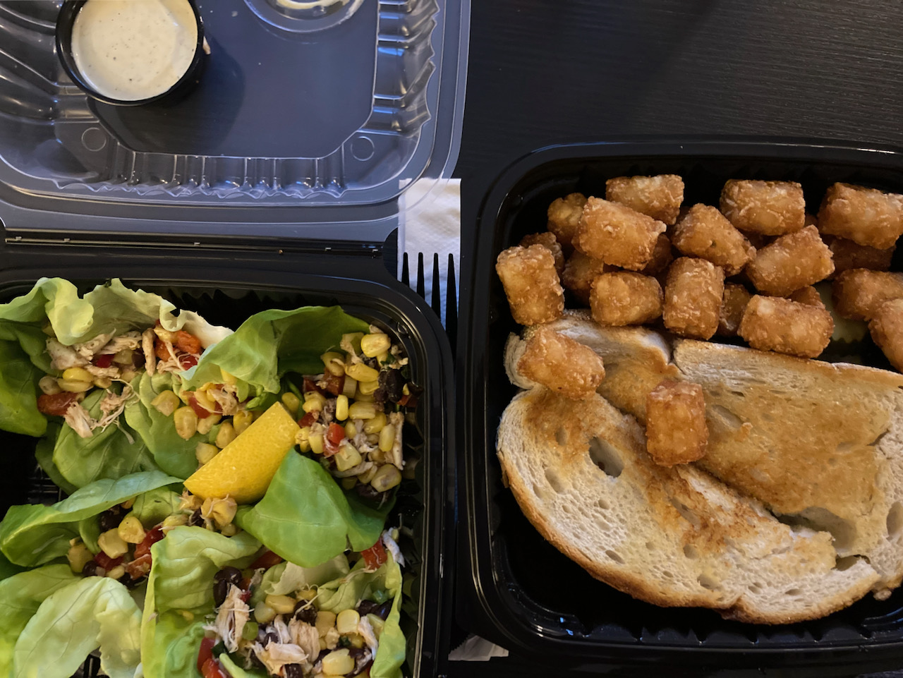 Lettuce wraps in container, and another container has a sandwich and tater tots.
