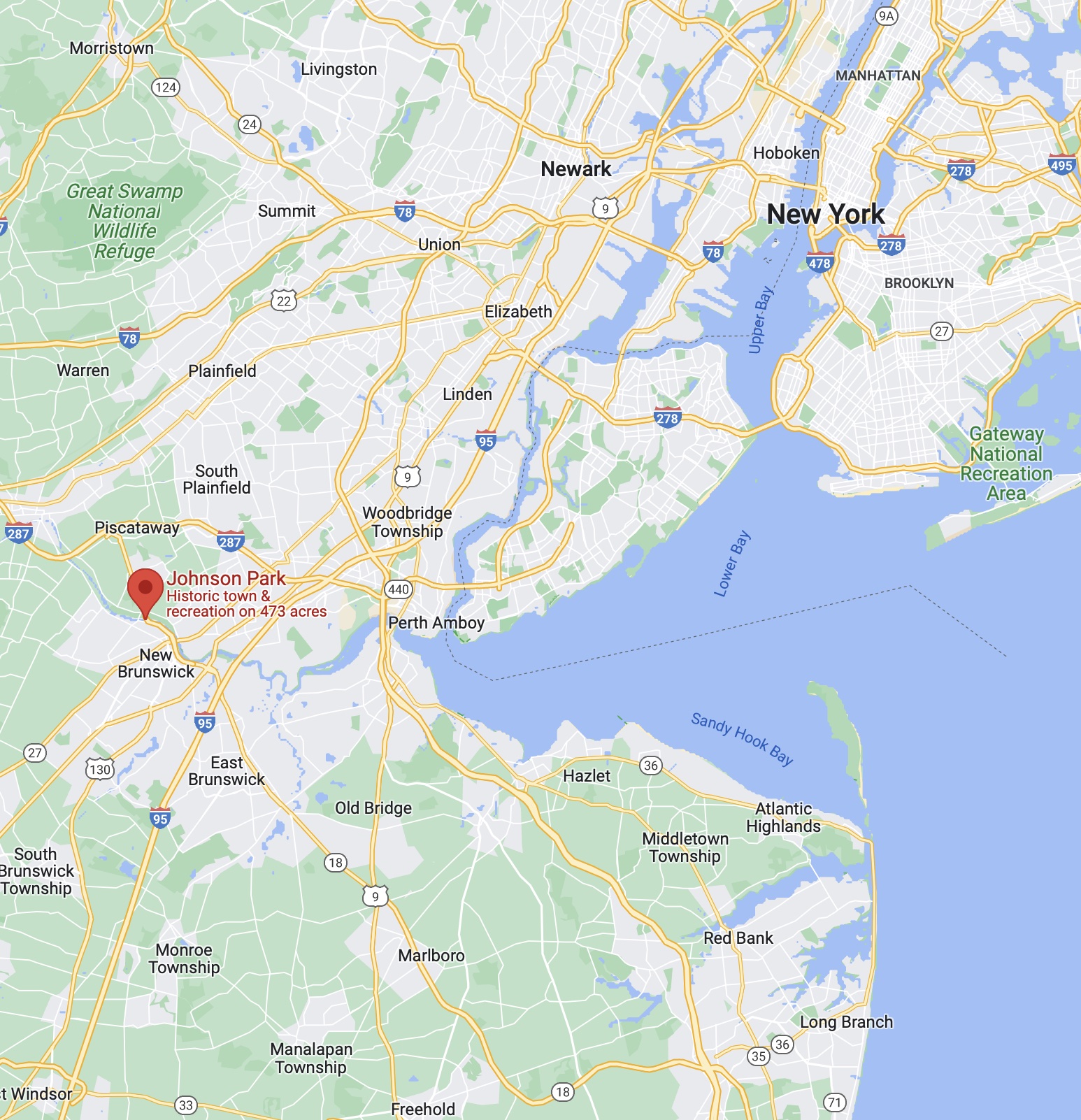 Map of central New Jersey, with red pin in location of Johnson Park.