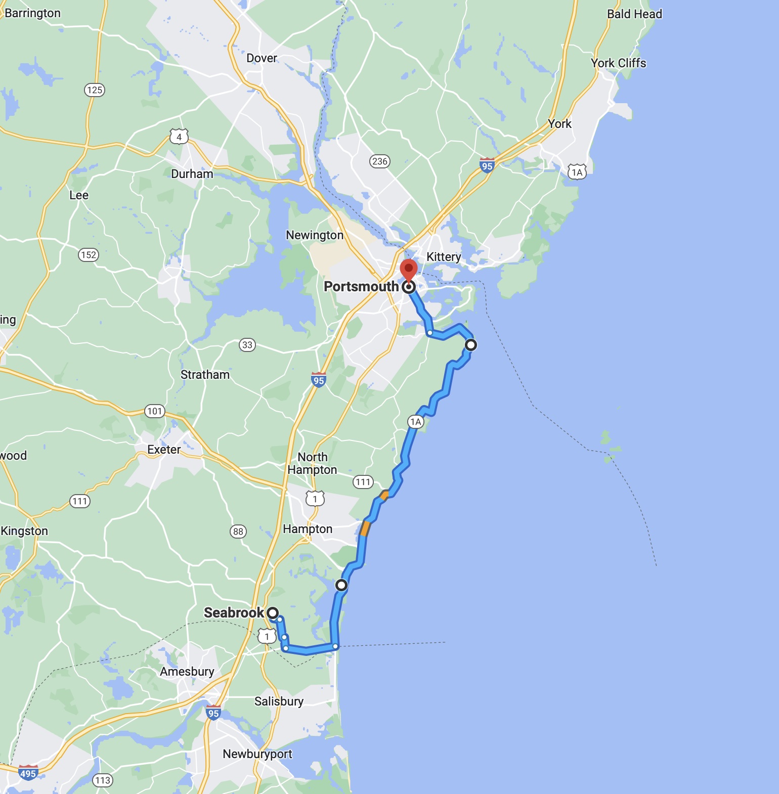 Map of New Hampshire coastline with blue route line between Seabrook and Portsmouth.