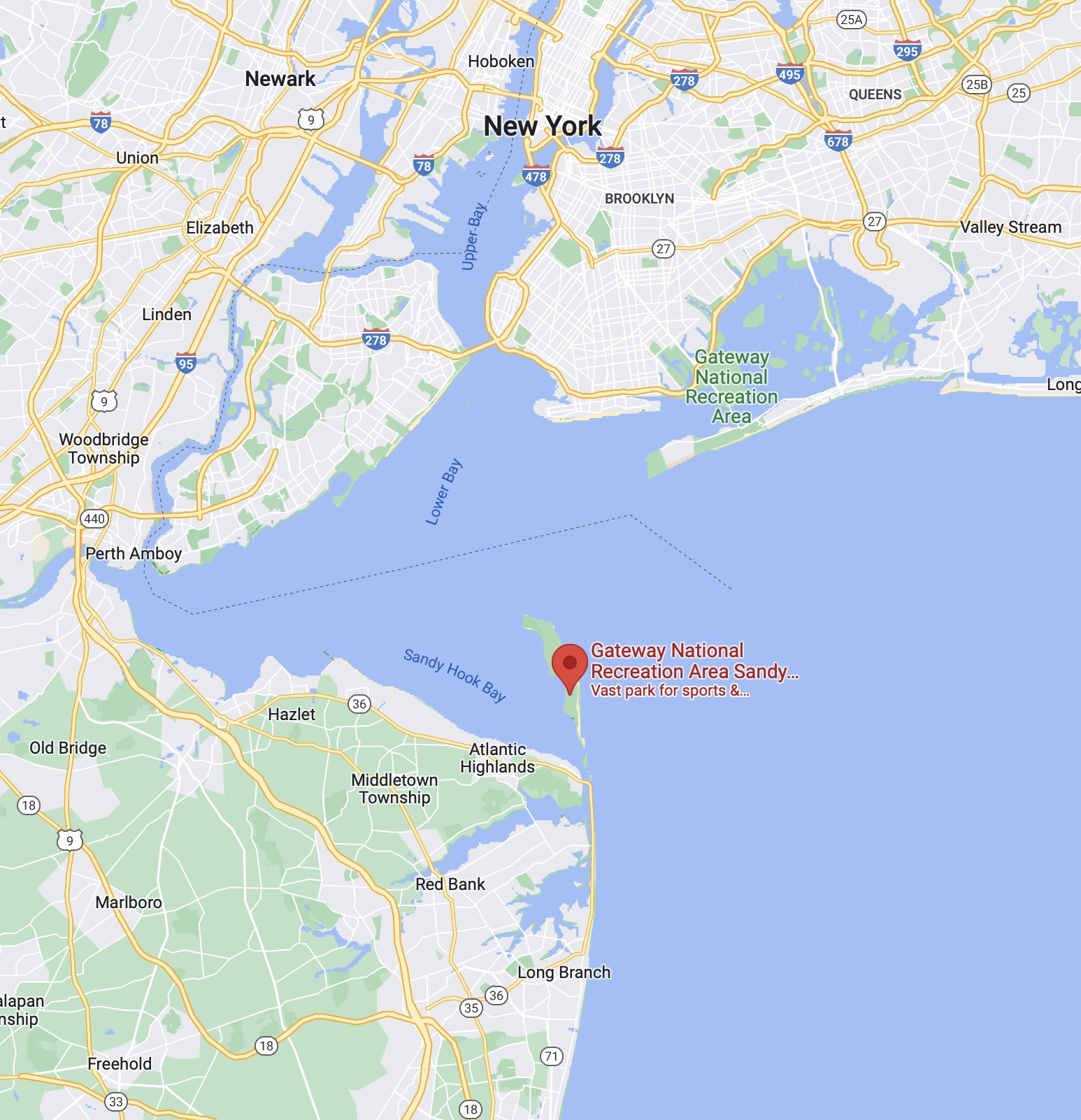 Map of Gateway National Recreation Area - Sandy Hook and surrounding areas of New Jersey and New York.