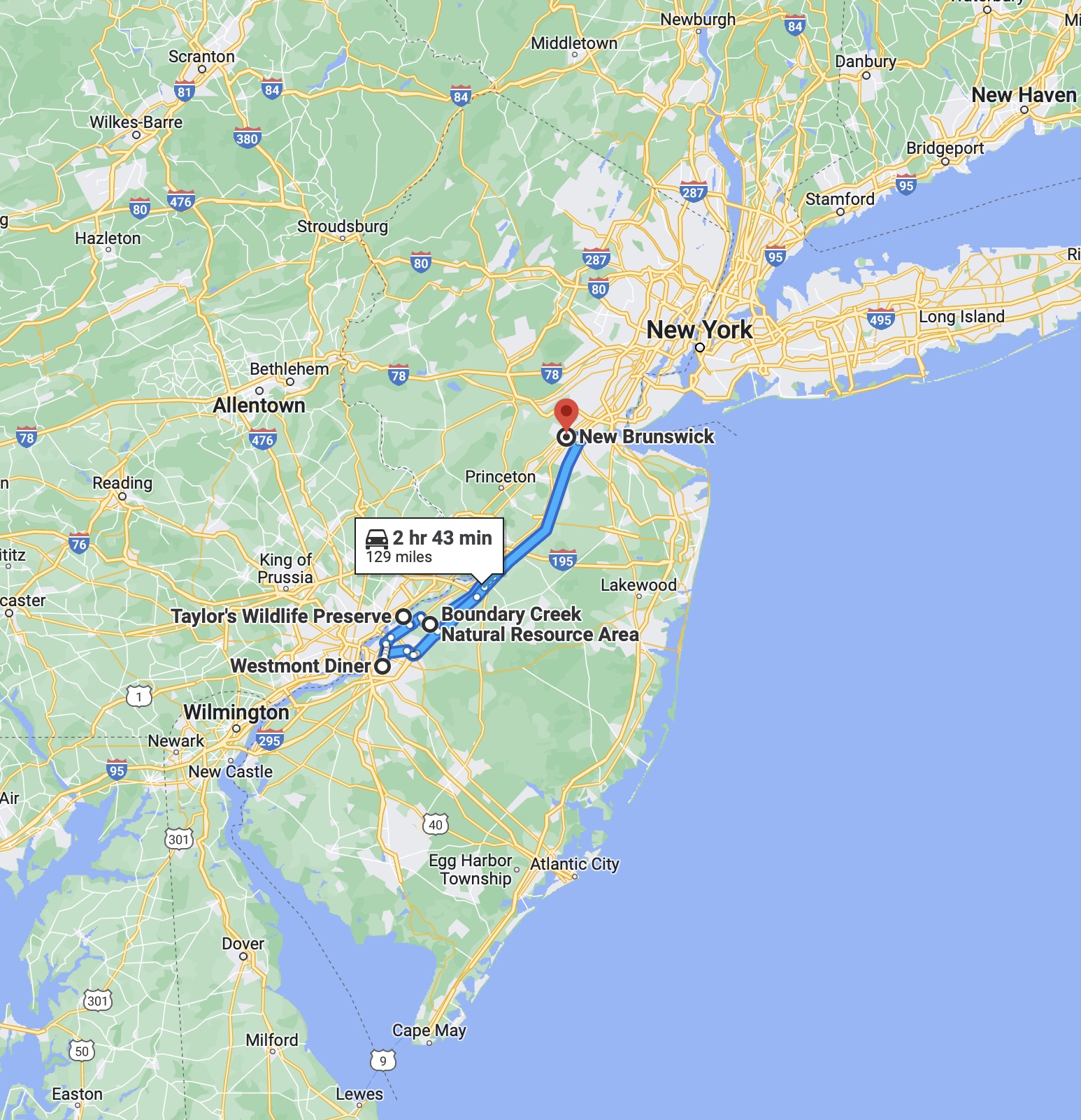 Map of New Jersey, with route running from New Brunswick to Taylor Wildlife Preserve