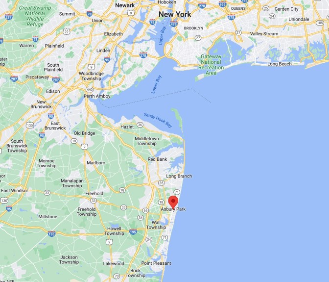 Map of eastern New Jersey, with red pin in location of Asbury Park.