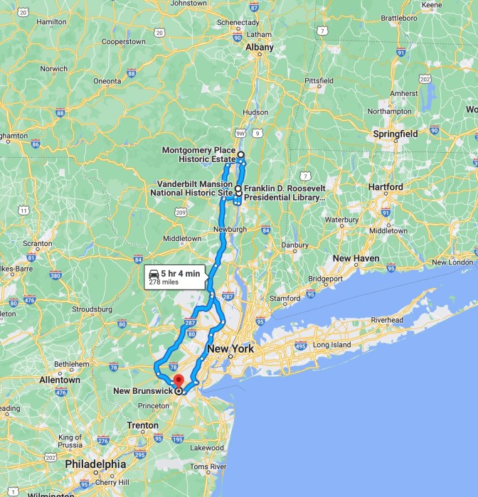 Map of New Jersey and New York, with blue route running from New Brunswick, NJ to several locations in the mid-Hudson Valley region.