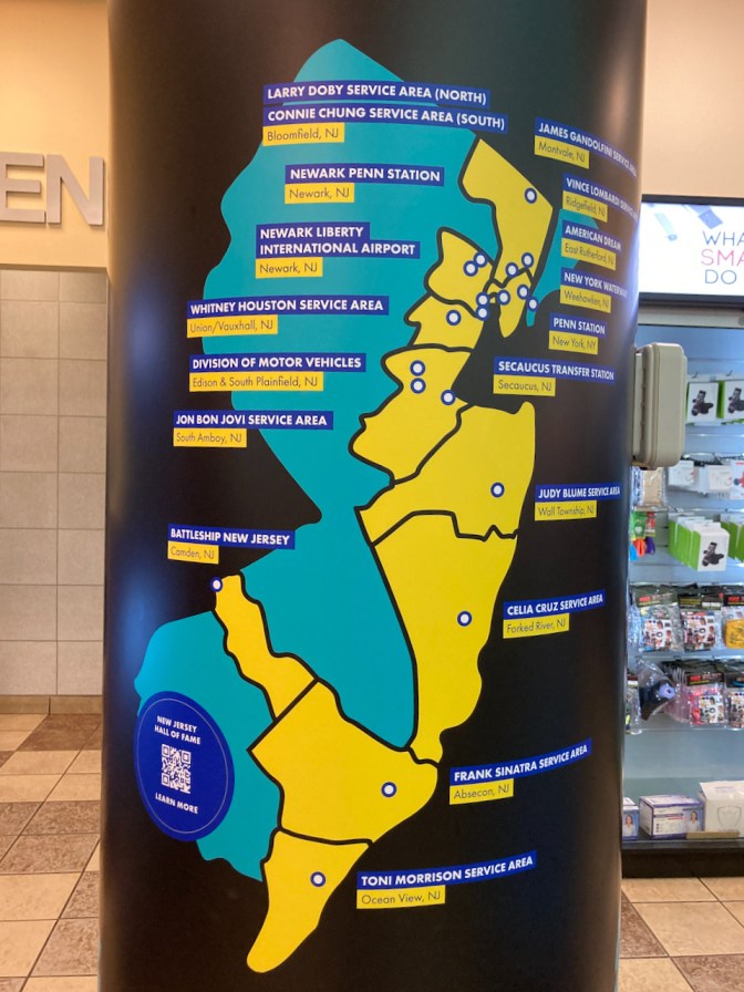 Map of New Jersey on pillar, with names and locations of all service plazas.