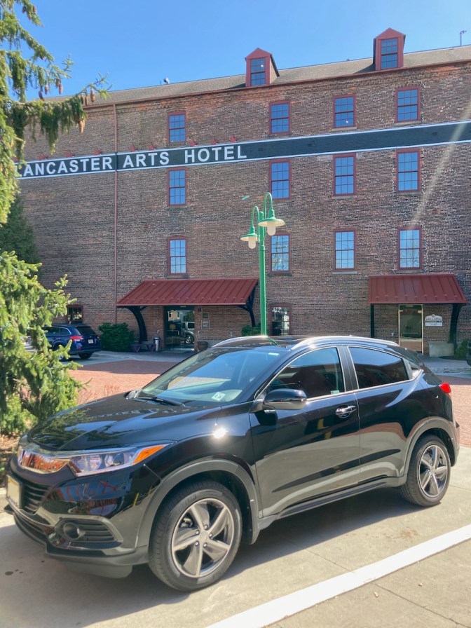 2021 Honda HR-V parked in front of Lancaster Arts Hotel.