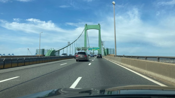 View of Walt Whitman Bridge from behind wheel of Honda Accord.