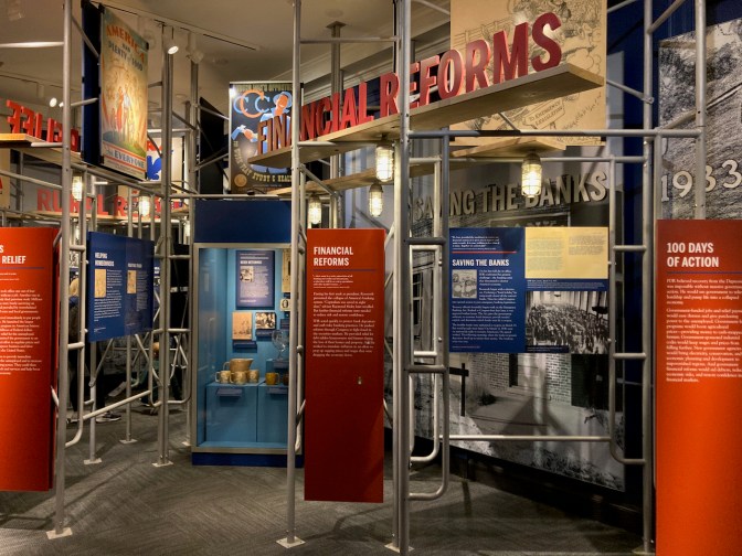 Display on Financial Reforms during Franklin Roosevelt's first 100 days as President.