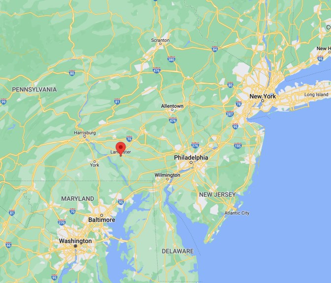 Map of Pennsylvania and New Jersey, with red pin in location of Lancaster, PA.