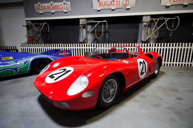1963 Ferrari 250P in red, in pit lane diorama.