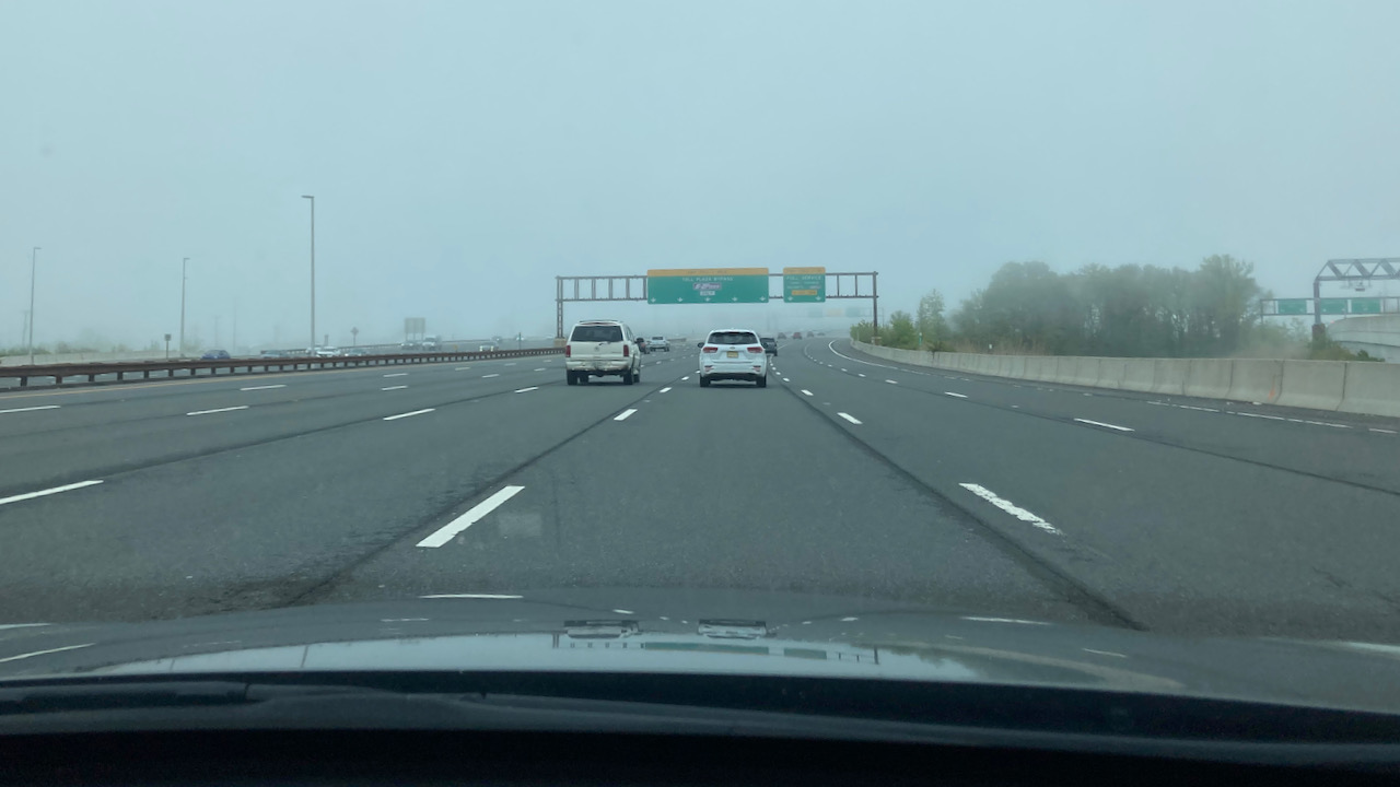 View of Garden State Parkway on a foggy day.