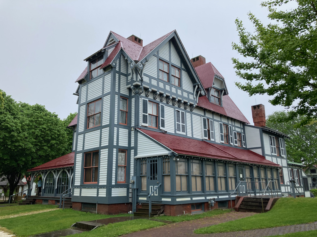 Exterior of Emlen Physick Estate on a cloudy day.