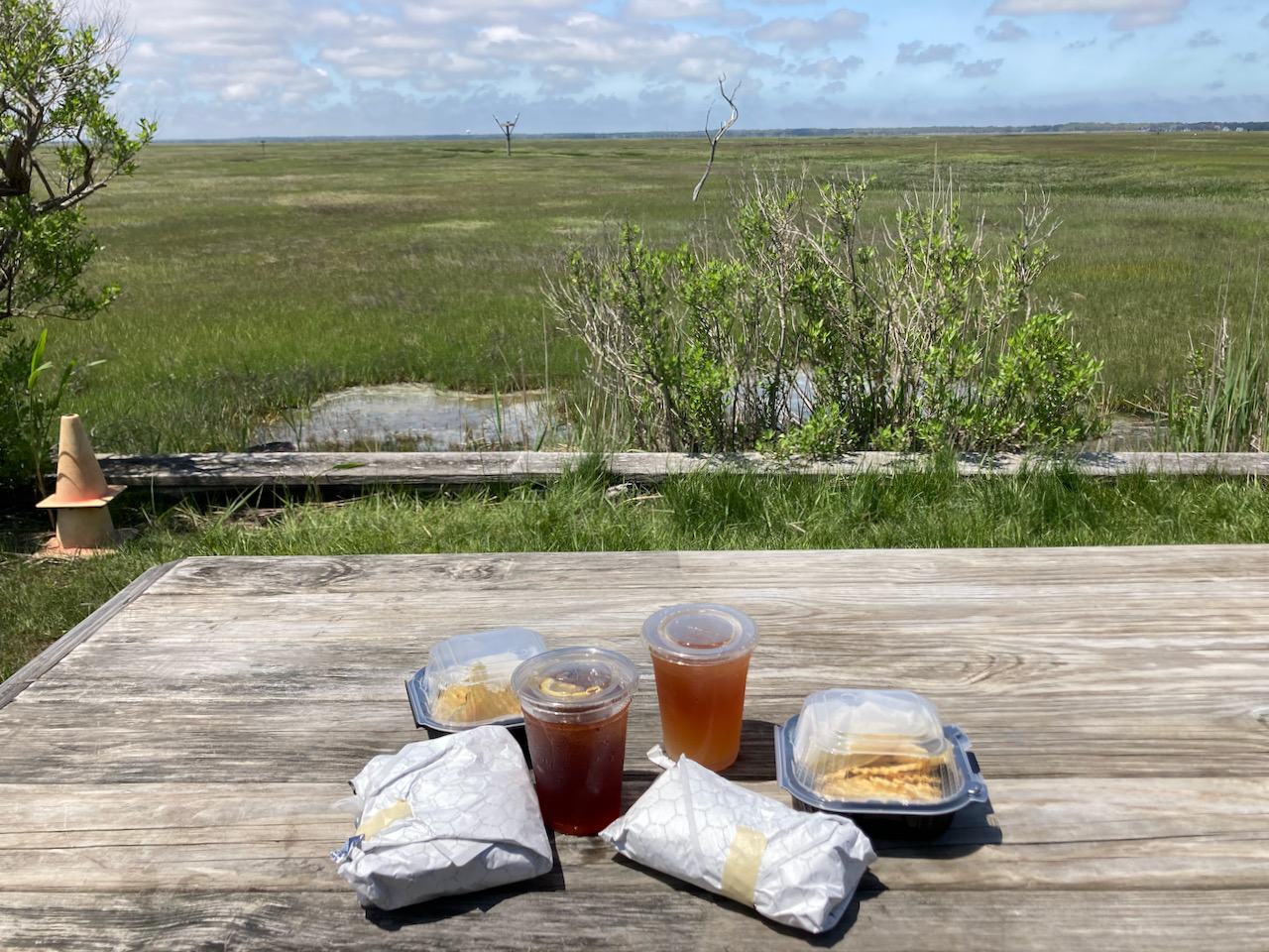 Sandwiches, chips, and drinks on picnic table, with wetlands in background.