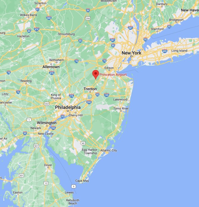Map of New Jersey with red pin in location of Princeton Airport.