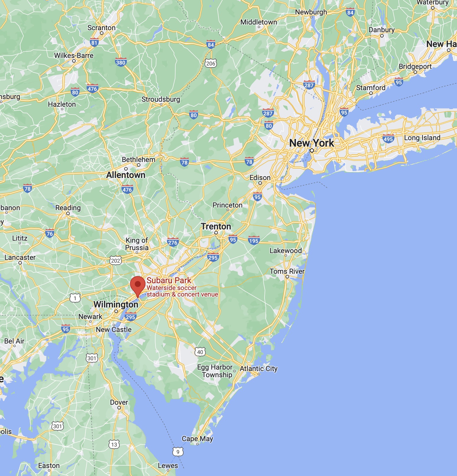 Map of New Jersey and Eastern Pennsylvania, with red pin in location of Subaru Park.