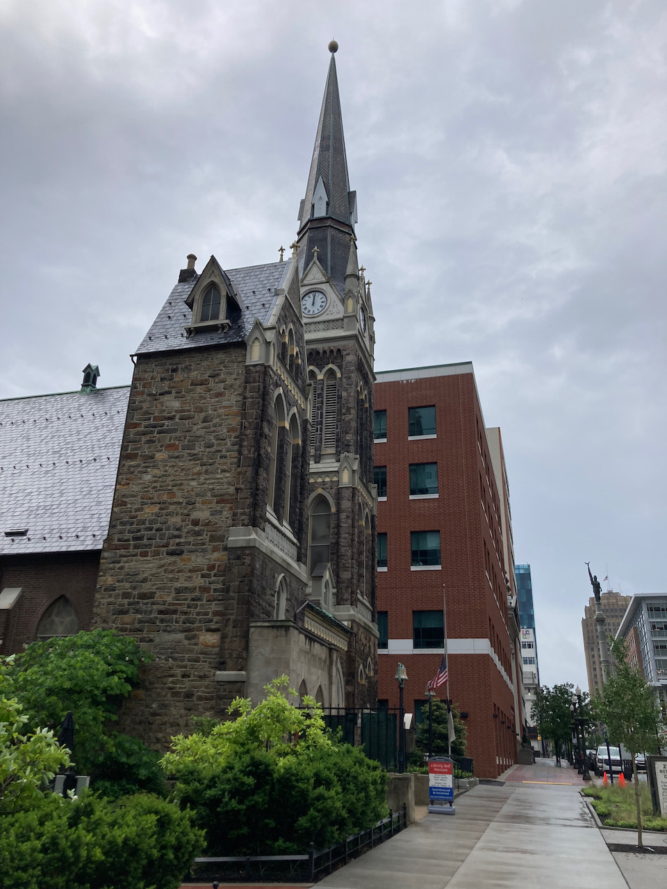 Exterior of Zion Reformed Church in Allentown on a rainy day.