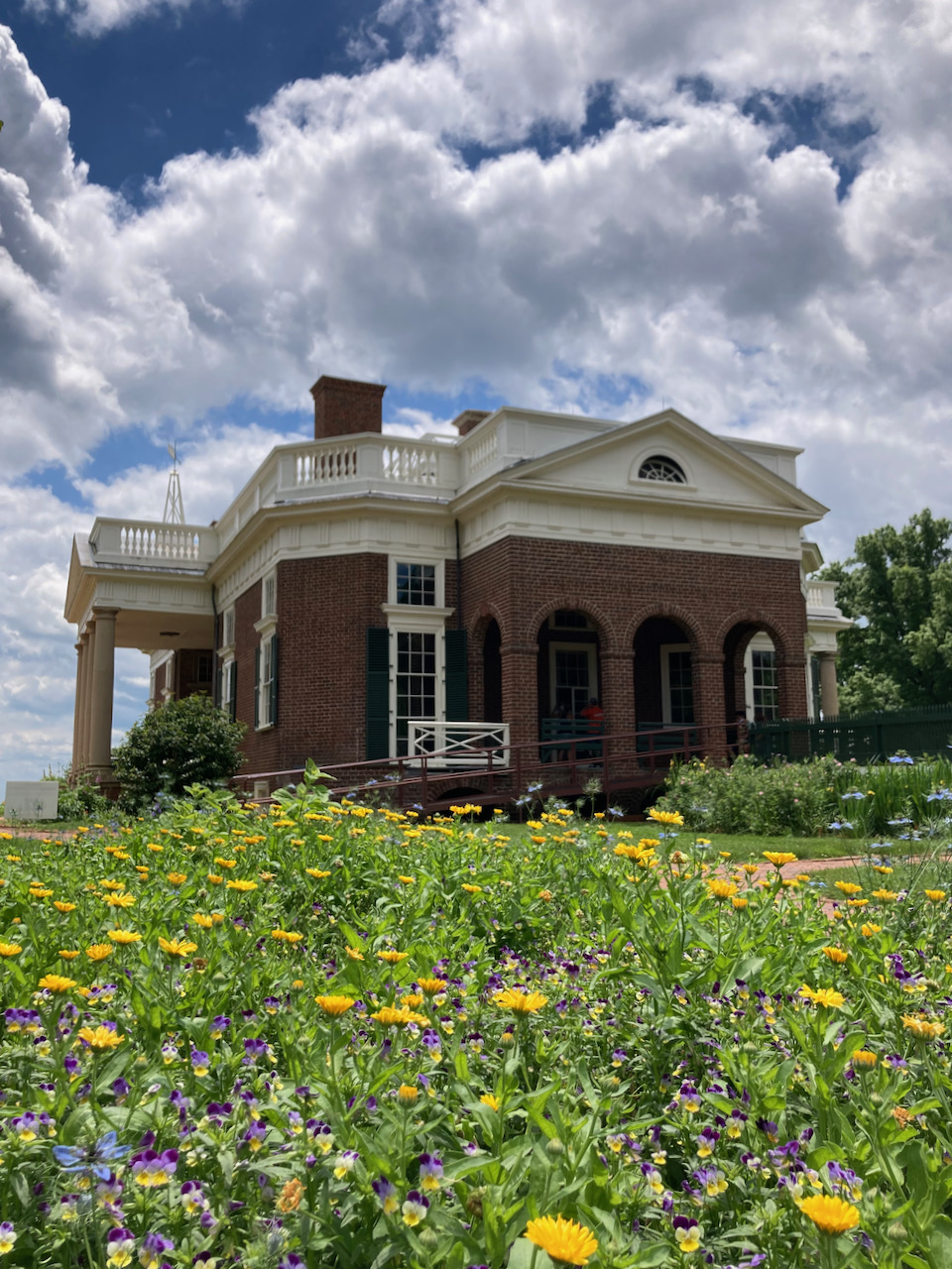 View of Monticello home, with flowers in foreground.
