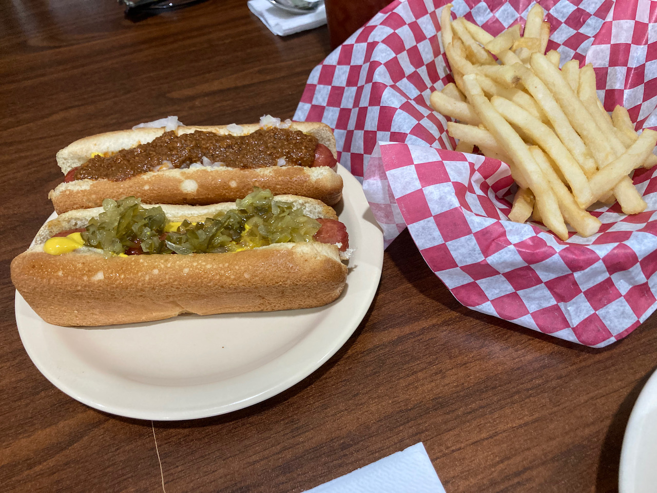 Two hot dogs, and fries.