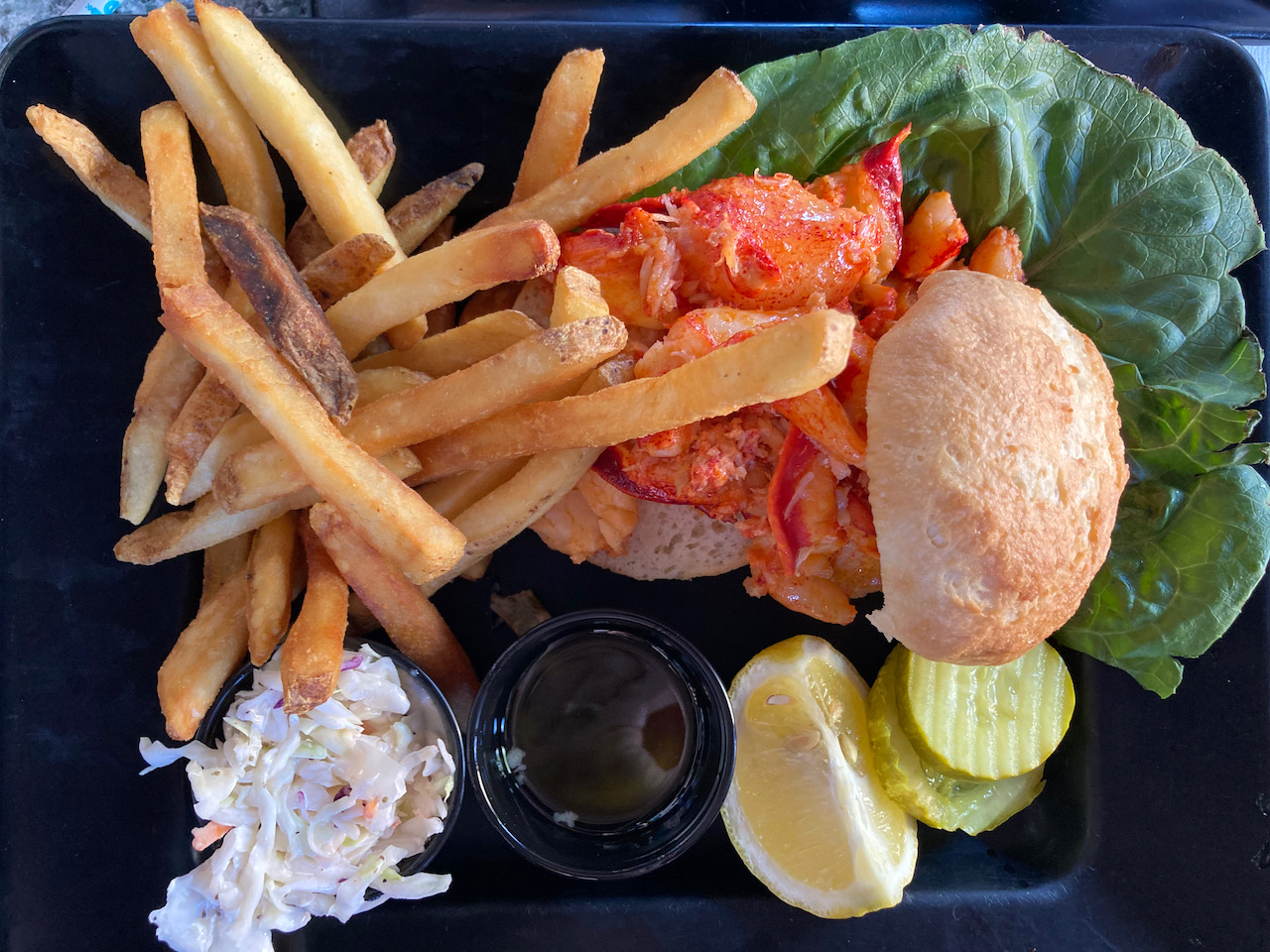 French fries and lobster roll on plate.