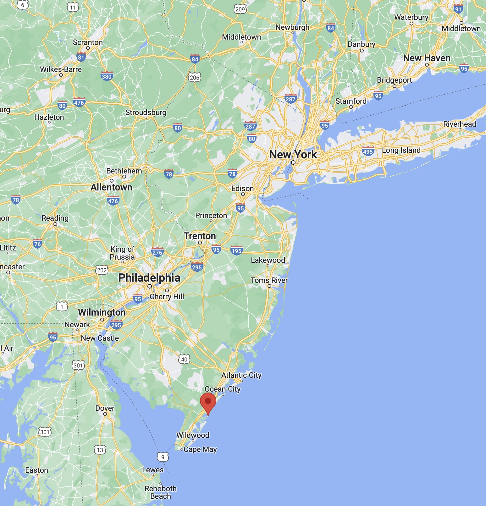 Map of New Jersey with red pin in location of Sea Isle City