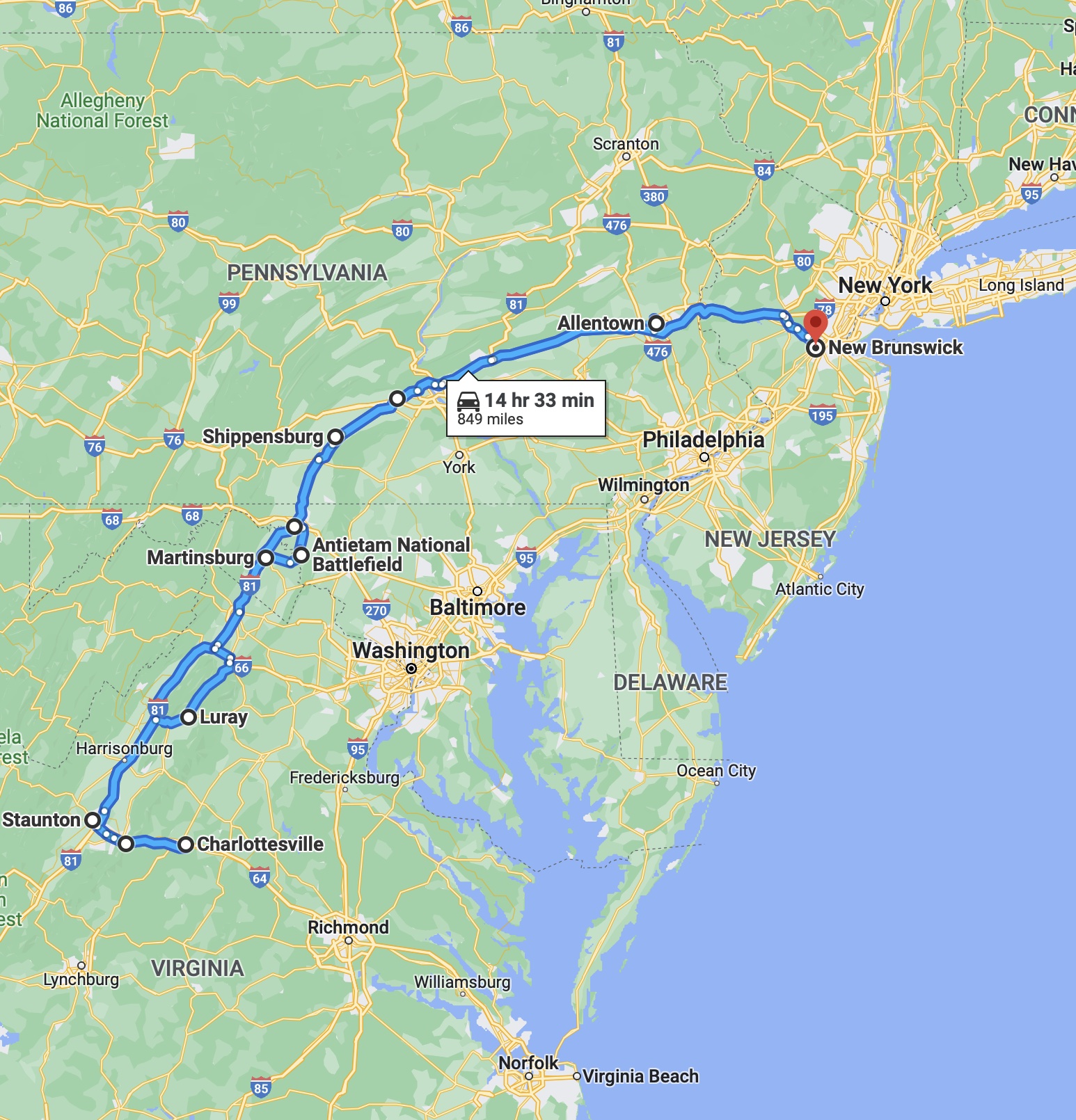 Map of New Jersey, Pennsylvania, Delaware, Maryland, Virginia, and West Virginia, with blue route running from New Brunswick, NJ to Charlottesville, VA.