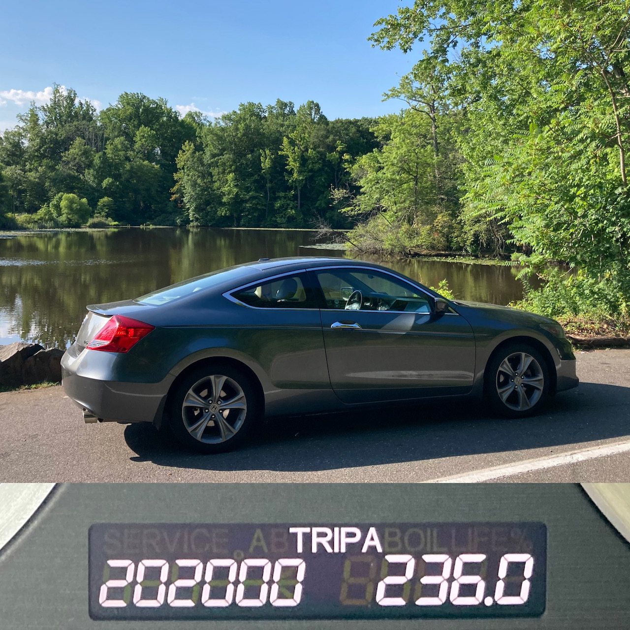 Image split into two halves. Top: 2012 Honda Accord parked in front of pond. Bottom: odometer reading 202000 TRIP A 236.0