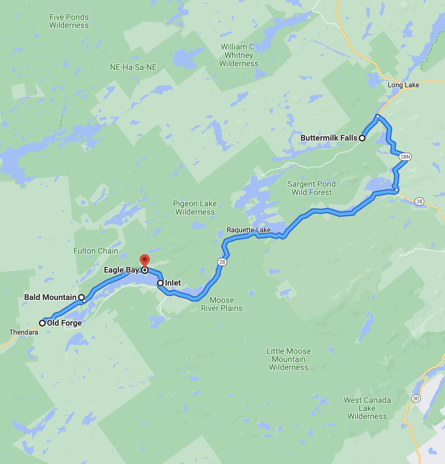 Route along NY 28 between Old Forge and Buttermilk Falls.