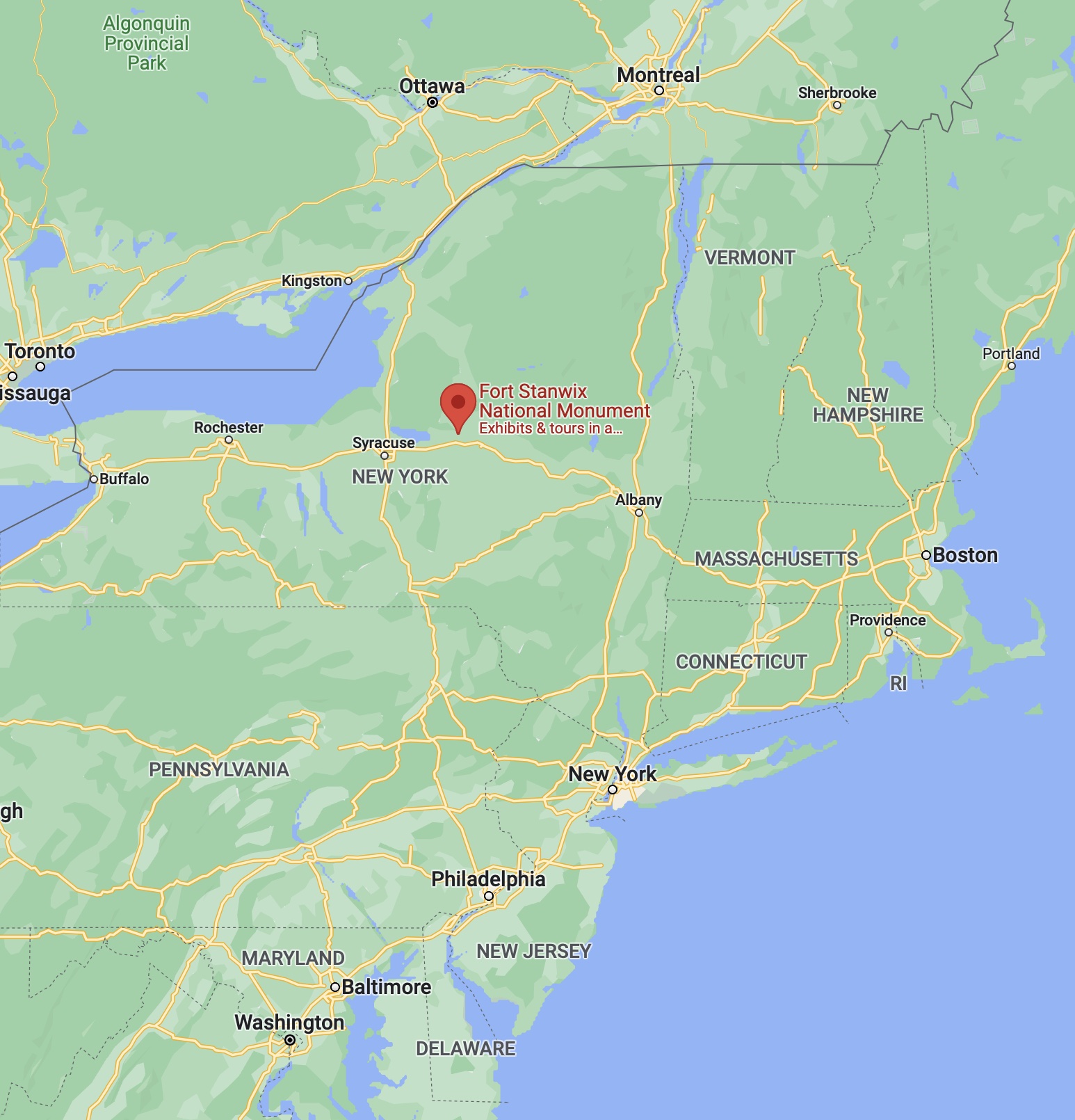 Map of New York, with red pin in location of FORT STANWIX.