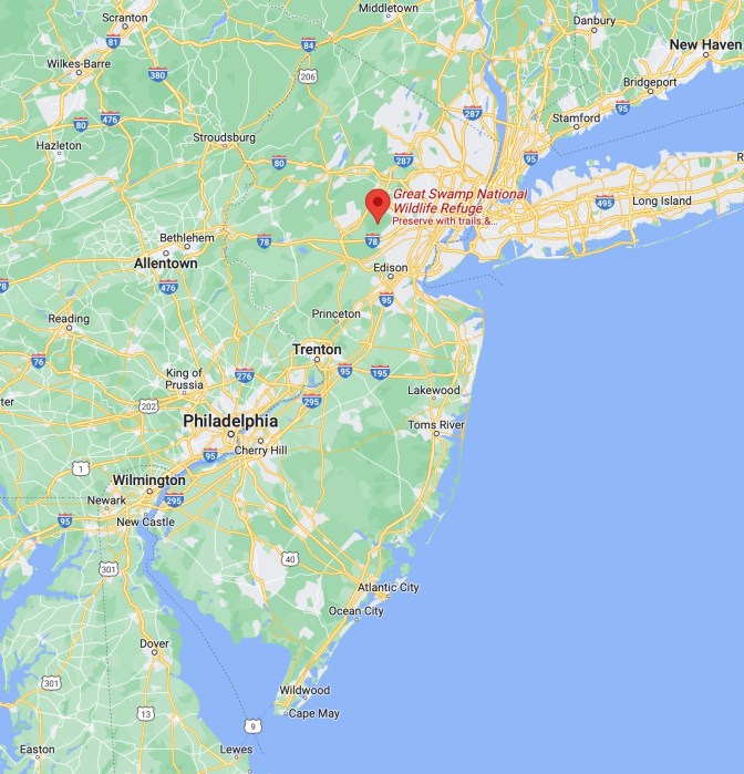 Map of New Jersey, with red pin in location of Great Swamp National Wildlife Refuge.