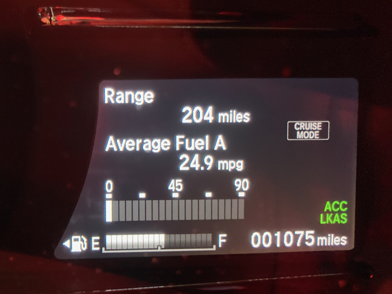 Car odometer reading 001075 miles.