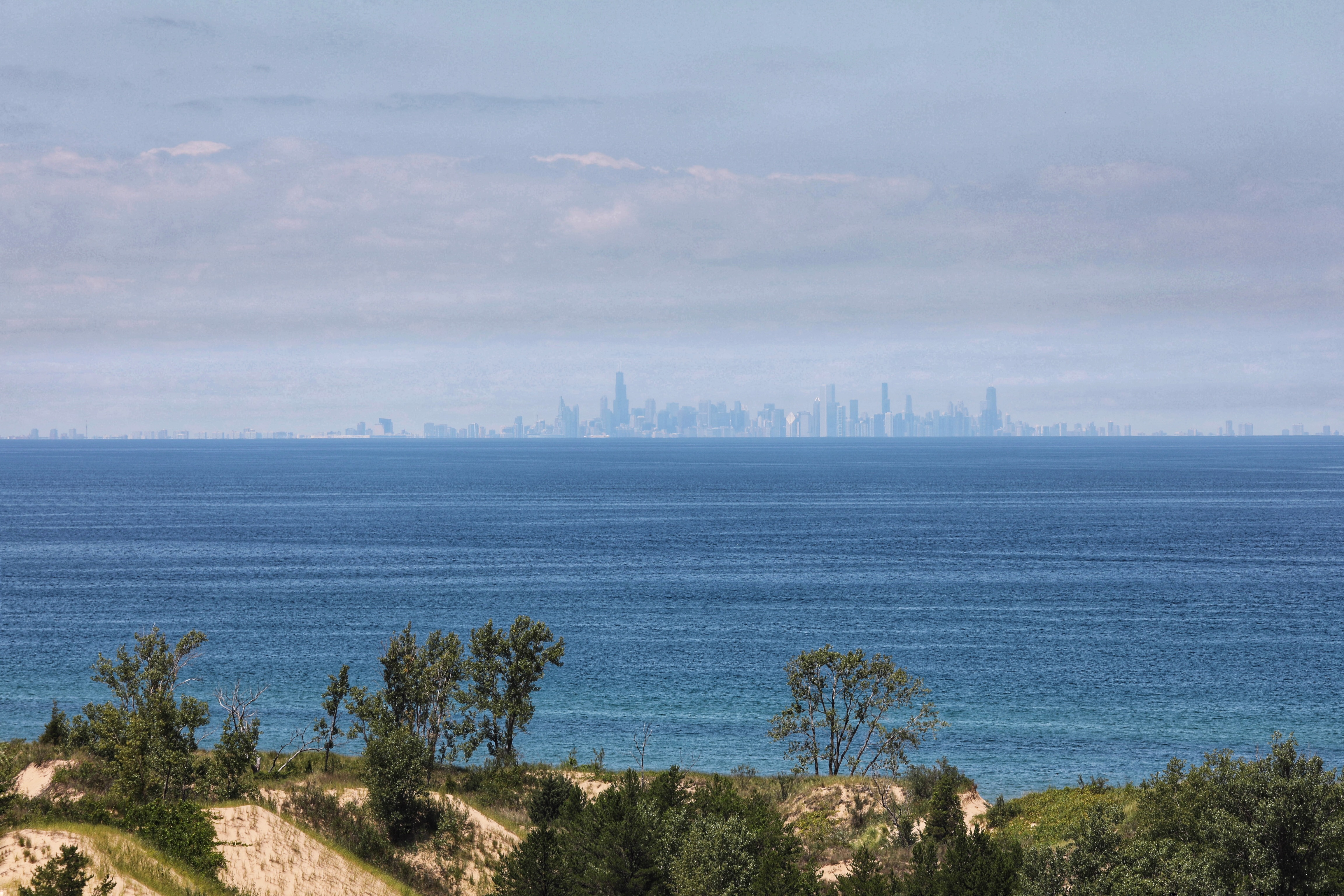View of Chicago in distance from top of dune.