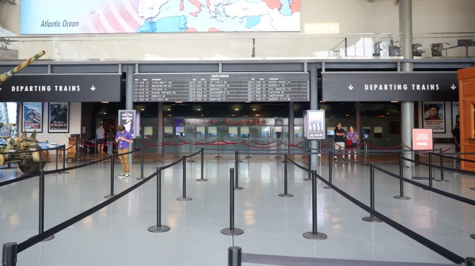 Museum lobby, with display board for departing trains.