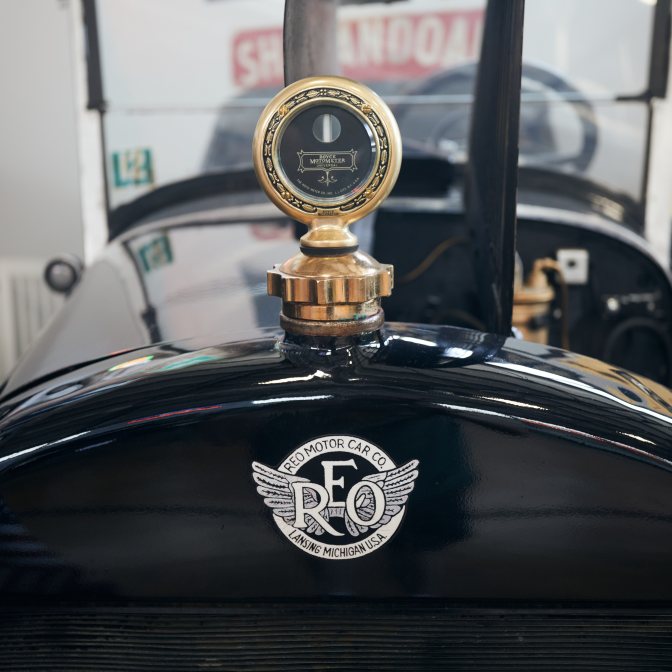 Hood ornament and hood of REO Motor Car.